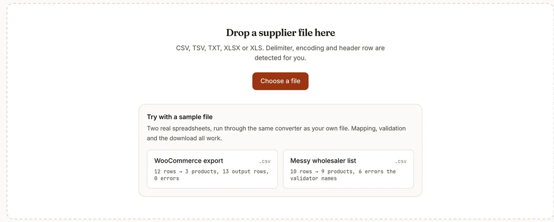 The drop zone, showing the Choose a file button and the two sample files that can be loaded instead.